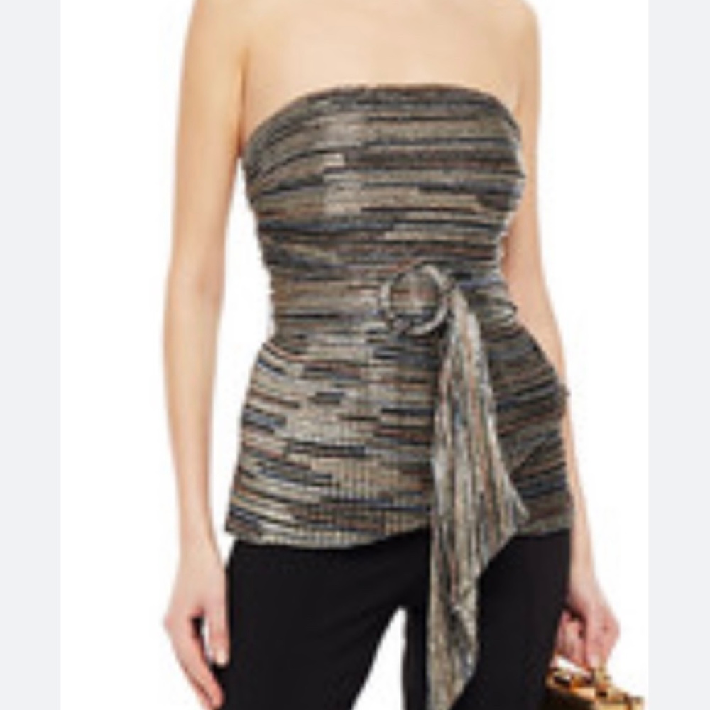 Rebecca Vallence Bellagio Strapless Lame Metallic Flared-Leg Jumpsuit. Sz 6